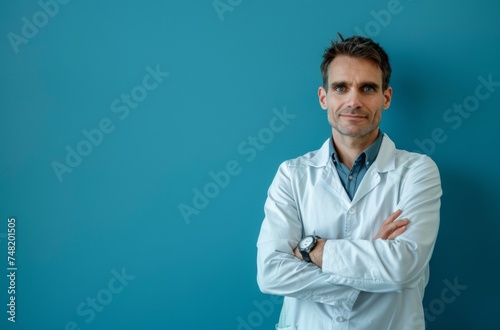 A mature male doctor in a white lab coat stands confidently with arms folded, displaying professionalism and expertise.