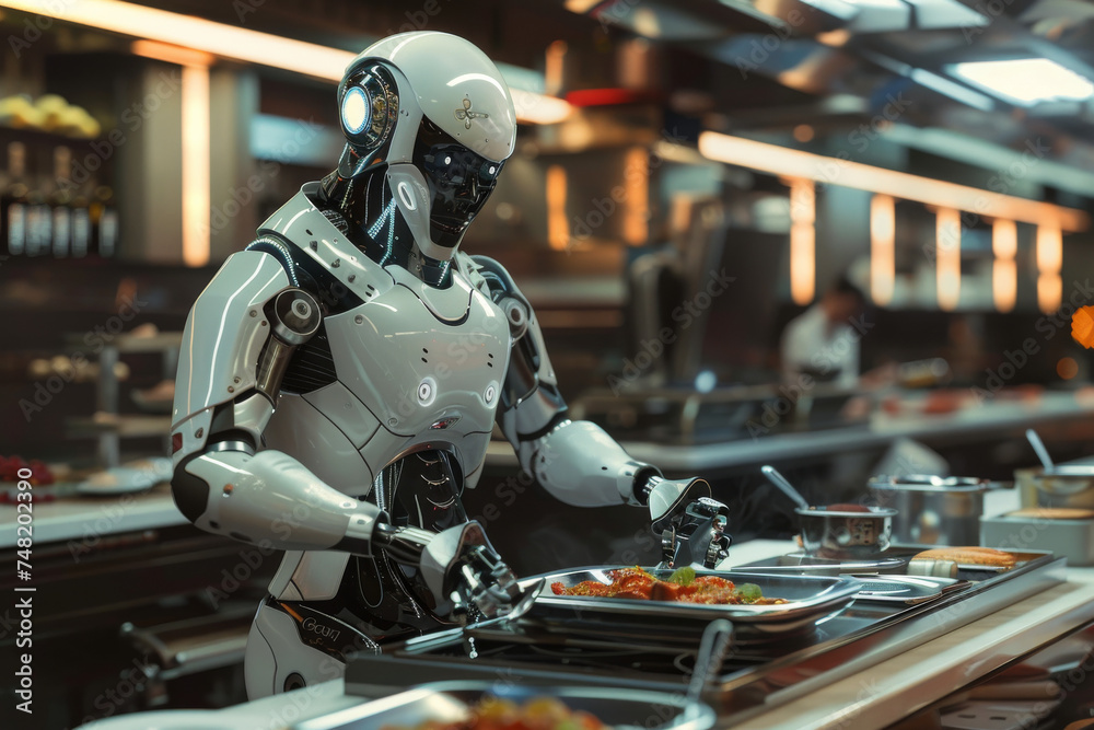A robot is serving food in a kitchen with a tray of food on the counter A robot is serving food in a kitchen with a tray of food on the counter