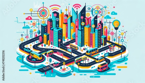 Colorful vector illustration of a bustling smart city with interconnected digital elements for urban planning design