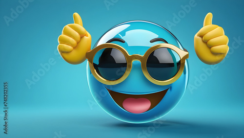 happy smiley face. happy smiley face with a thumb-up emoji on a blue background.