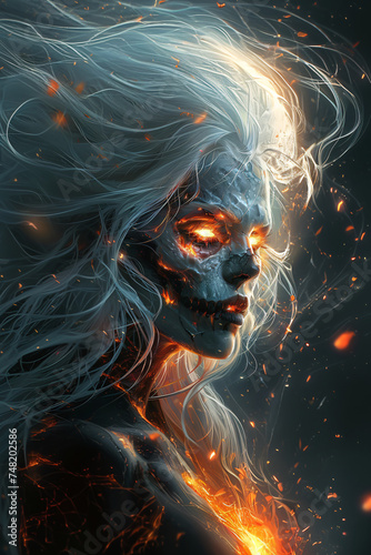 A fiery, ethereal being with glowing eyes and flowing hair amidst embers. photo