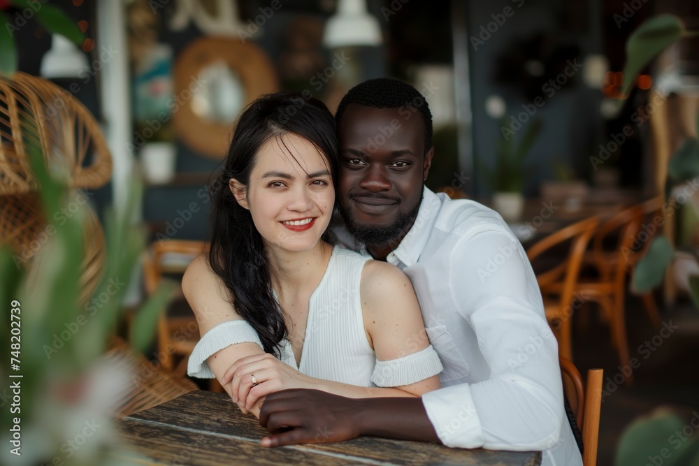 A man and a woman of different ethnicities sitting together at a table in a cafe. A man and a woman of different ethnicities sitting together at a table in a cafe.