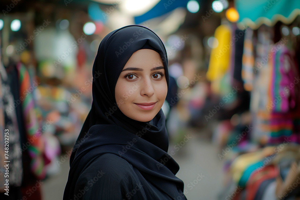 Muslim woman in black hijab standing in market. Muslim woman in black hijab standing in market.