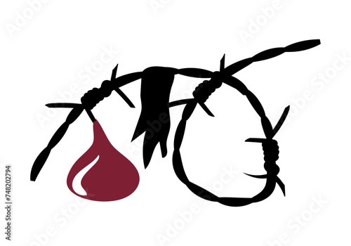 Gota de sangre chorreando de una alambrada circular de espinas. Campo de refugiados o prisioneros o de concentración