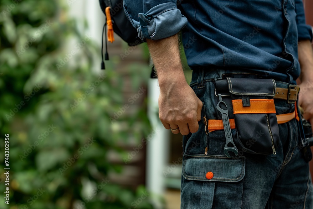 Close-up of a maintenance worker holding a tool belt with various tools in his hands.