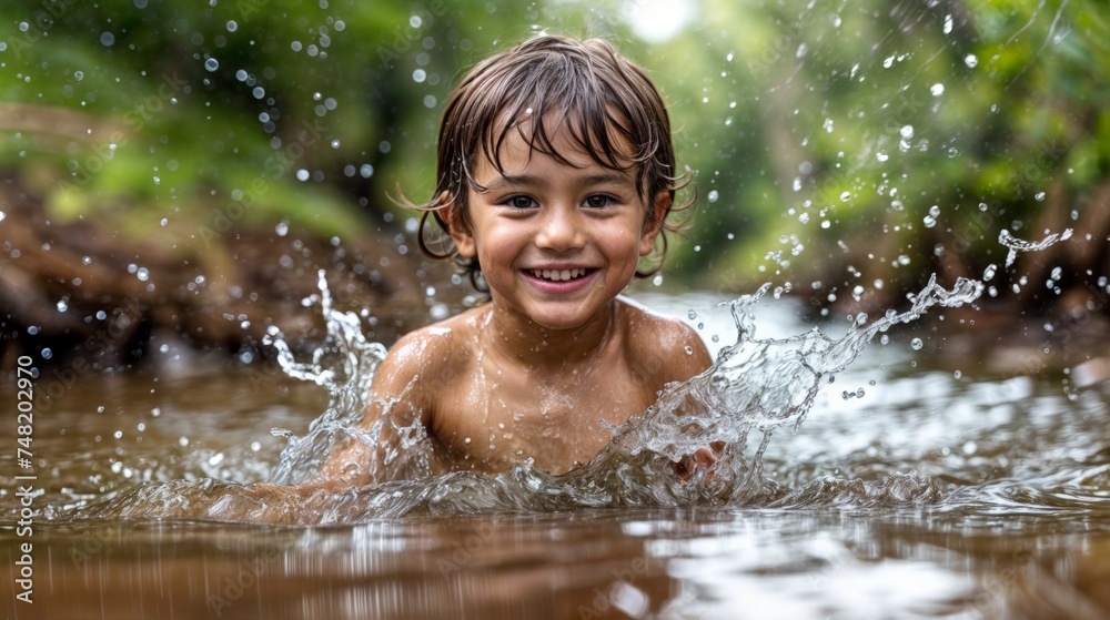 Portrait of a cute little boy splashing in the river. Portrait of a cute little boy splashing in the river.