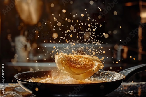 Crepe pancake flying up out of frying pan and flipping over