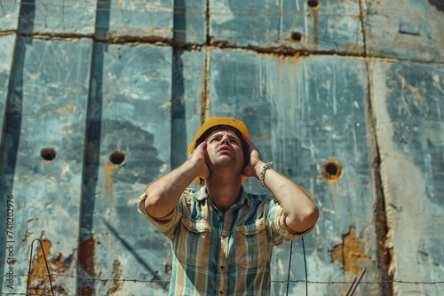 Male construction engineer in hard hat holding his ears in a stressful situation at a construction site. © Joaquin Corbalan