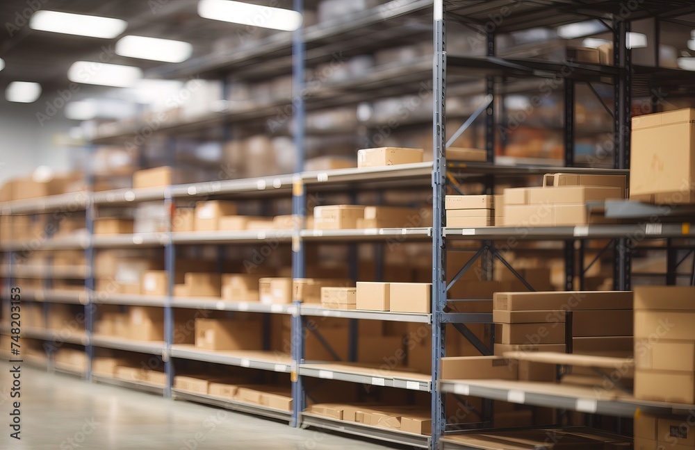 Empty shelving racks in warehouse interior