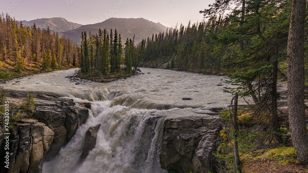 Sunwapta Falls in the stunning Canadian Rockies at sunrise in summertime with beautiful cascading waterfall in popular tourist, landscape area of Canada. Sunwapta Falls in the stunning Canadian Rockies at sunrise in summertime with beautiful cascading waterfall in popular tourist, landscape area of Canada.