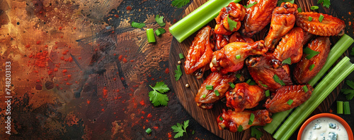 Spicy buffalo wings served with celery sticks and blue cheese dip on a rustic wooden board with a fiery red background Top view space to copy.