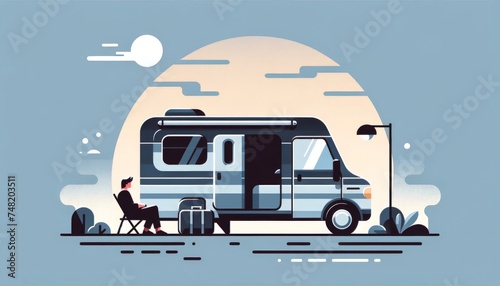 Illustration of a person relaxing by a recreational vehicle at sunset perfect for travel and adventure themes vector