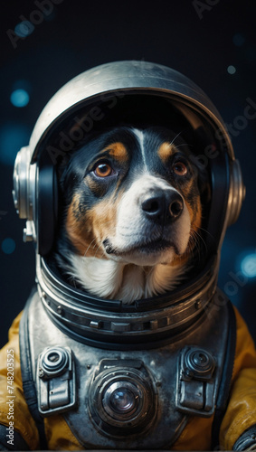 Realistic Portrait of Soviet Space Dog Laika in Space Suit in a Spaceship Wearing Helmet  photo