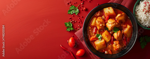 Spicy curry with chicken, potatoes, carrots and rice on red background Top view space to copy. © Adnan Haider