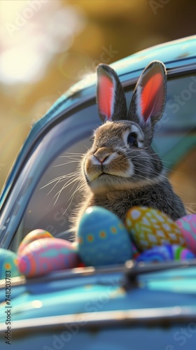 Joyful Easter adventure with a charming rabbit and a collection of vibrant eggs