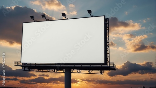 empty Mock up image wide blank white billboard or large display and clouds against sunset warm sky, Consumerism, mockup, advertising, isolated white screen, background, template, copyspace concept