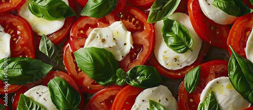 This close-up shows red ripe tomatoes and fresh mozzarella cheese slices arranged in a Caprese salad, a classic summer dish with basil leaves.