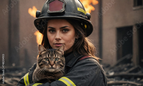 A brave firefighter rescuing a cat from a burning house. Heroic rescue operation with flames in the background. Dramatic scene of salvation and bravery.