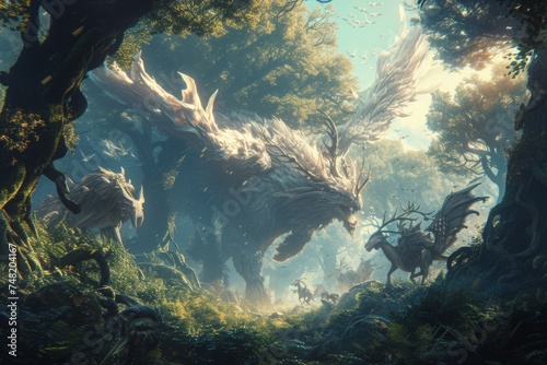 A fantastical forest scene with giant mythical creatures and ethereal light filtering through the trees, creating a magical and surreal atmosphere.

 photo