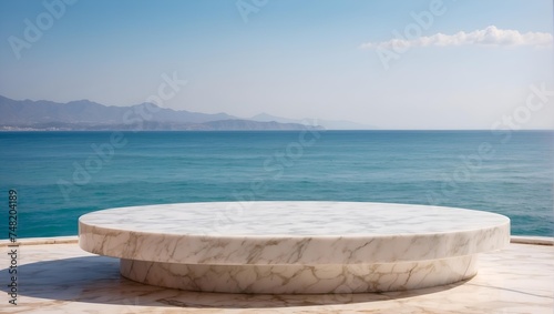 empty marble product display podium with sea , ocean background © kapie arts