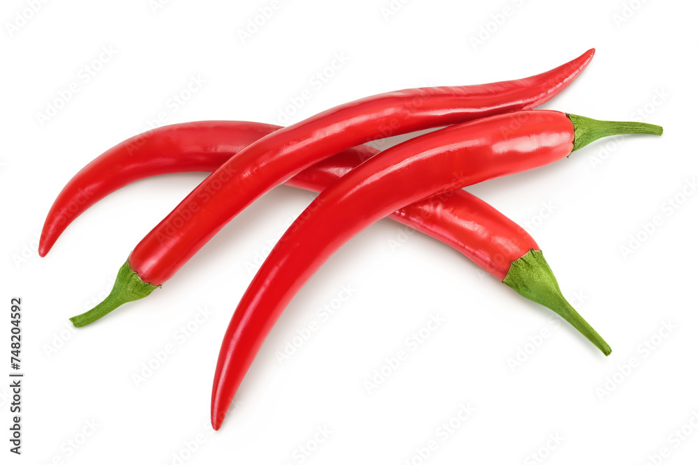 red hot chili pepper isolated on white background. Top view. Flat lay.