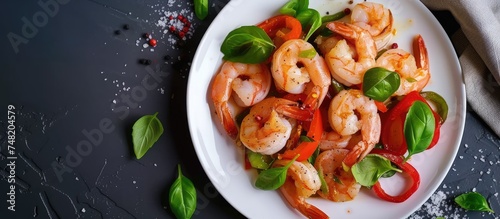 A white plate is displayed with shrimp, green peppers, and red peppers arranged on top. The dish showcases a combination of seafood and vegetables, offering a colorful and flavorful meal option.