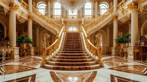 Background The grand staircase of a palace adorned with grandeur and opulence serves as a breathtaking backdrop for this modern royal attire. photo