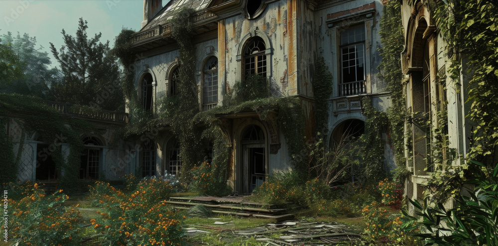 Background A dilapidated mansion with overgrown gardens and broken windows.