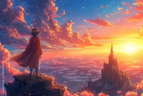 A lone adventurer stands atop a cliff, overlooking a majestic sunset-lit kingdom.

 photo