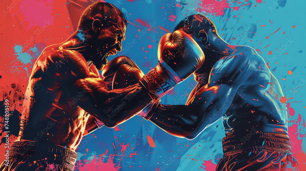 Boxing with surreal elastic arms unreal action frozen in pop art splashes dynamic crowd background - obrazy, fototapety, plakaty 