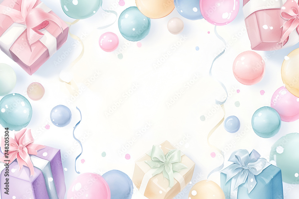 Watercolor Birthday background frame from Balloons, ribbons, gift boxes. AI Generative. Copy space for text, Invitation greeting card mock up.