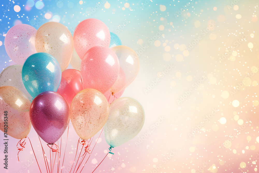 Luxury shiny, colorful pastel balloons illustration mockup. Festive celebration background with copy space. Generate Ai. Birthday party, banner, card.
