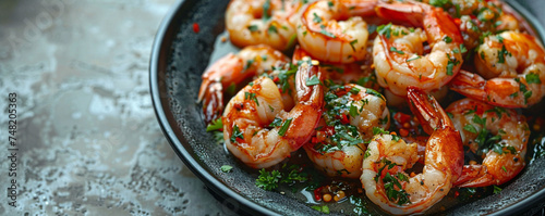 Tantalizing garlic butter shrimp on a modern black plate with a sleek silver background Top view space to copy.