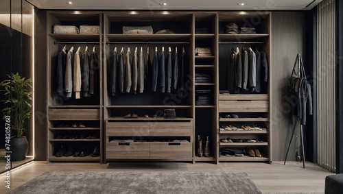 here are shelves, rods, and drawers in this contemporary, minimalist men's wardrobe, Accessory storage and organization space in the dressing room, luxury walk-in closet interior design