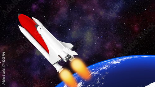 A space shuttle soars out of the world., Space rocket travels outer space ,Leading new businesses to become market leaders , 3d rendering © oselote