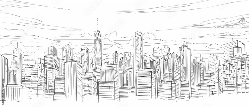 Hand drawn cityscape emphasizing raw strokes and an imperfect sketch like quality