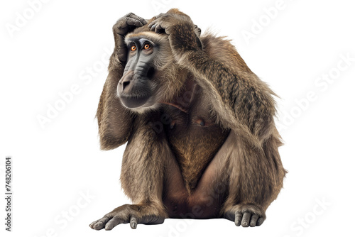 Baboon holding two hands a head shoked expression isolated on transparent background. Generative ai photo