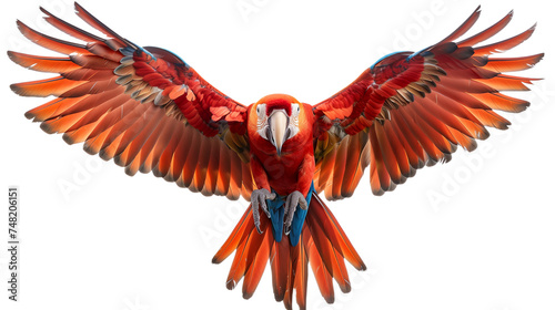 Scarlet macaw in flight isolated on transparent background. Generative ai