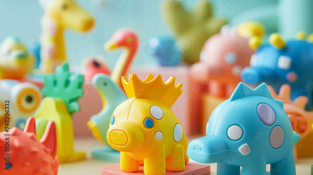 Fototapeta premium Bright and playful dinosaur toys arranged in a cheerful display, perfect for children's education and entertainment