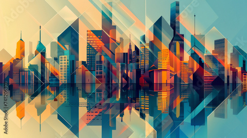 Geometric patterns dominating the skyline of a future city with buildings that challenge traditional forms photo