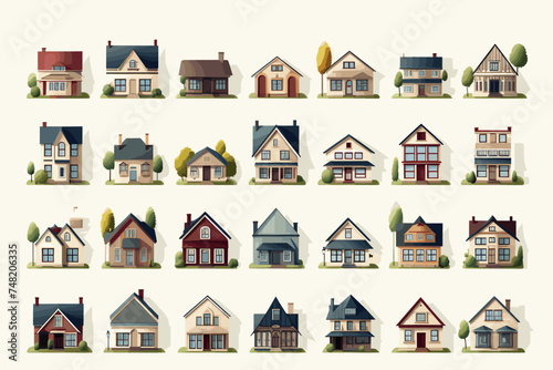 Town house cottage and assorted real estate building icons simple black silhouette set isolated vector illustration