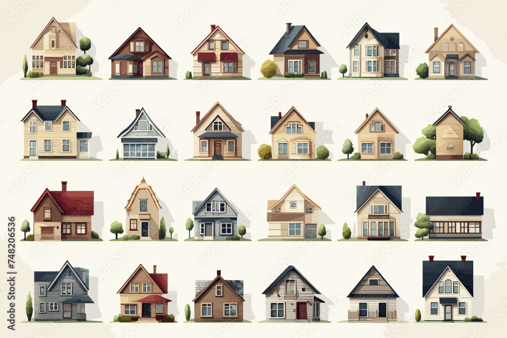 Vibrant and eye-catching house front icon collection, offering a variety of cottage designs and residential houses suitable for different uses. Vibrant and eye-catching house front icon collection, offering a variety of cottage designs and residential houses suitable for different uses.