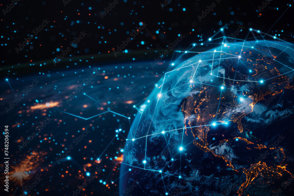 Obraz premium A computer generated image of the earth with a network of connections
