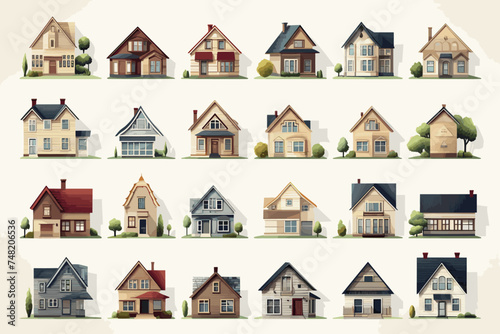 Vibrant and eye-catching house front icon collection, offering a variety of cottage designs and residential houses suitable for different uses.