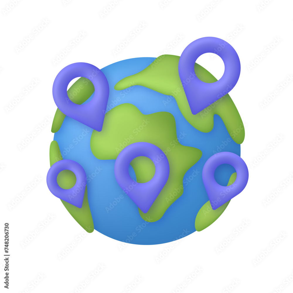 3D Planet with map pins on it. World navigation, choice of travel destination, geographic location, trip or journey 3D Planet with map pins on it. World navigation, choice of travel destination, geographic location, trip or journey