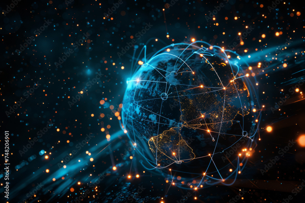 Fototapeta premium A computer generated image of a globe surrounded by lines and dots