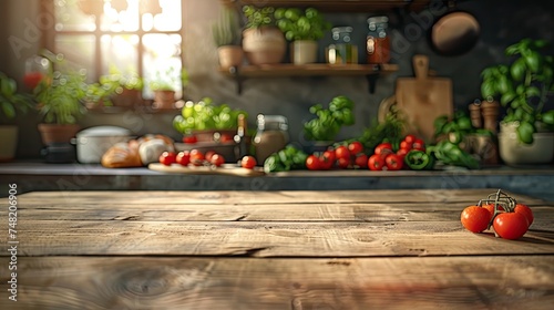 Largen wooden table in the kitchen, surface view. © MiguelAngel