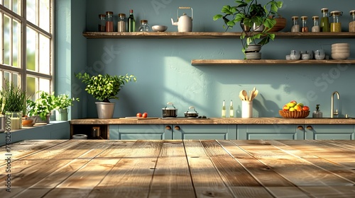 Largen wooden table in the kitchen, surface view. photo