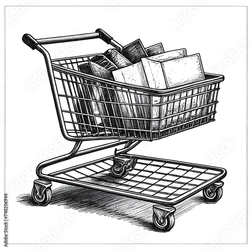 Shopping cart ink sketch drawing, black and white, engraving style vector illustration