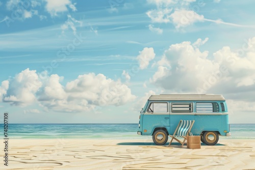 Vintage blue van on a sandy beach with beach chair and colorful seashells, capturing the spirit of summer travel and adventure.